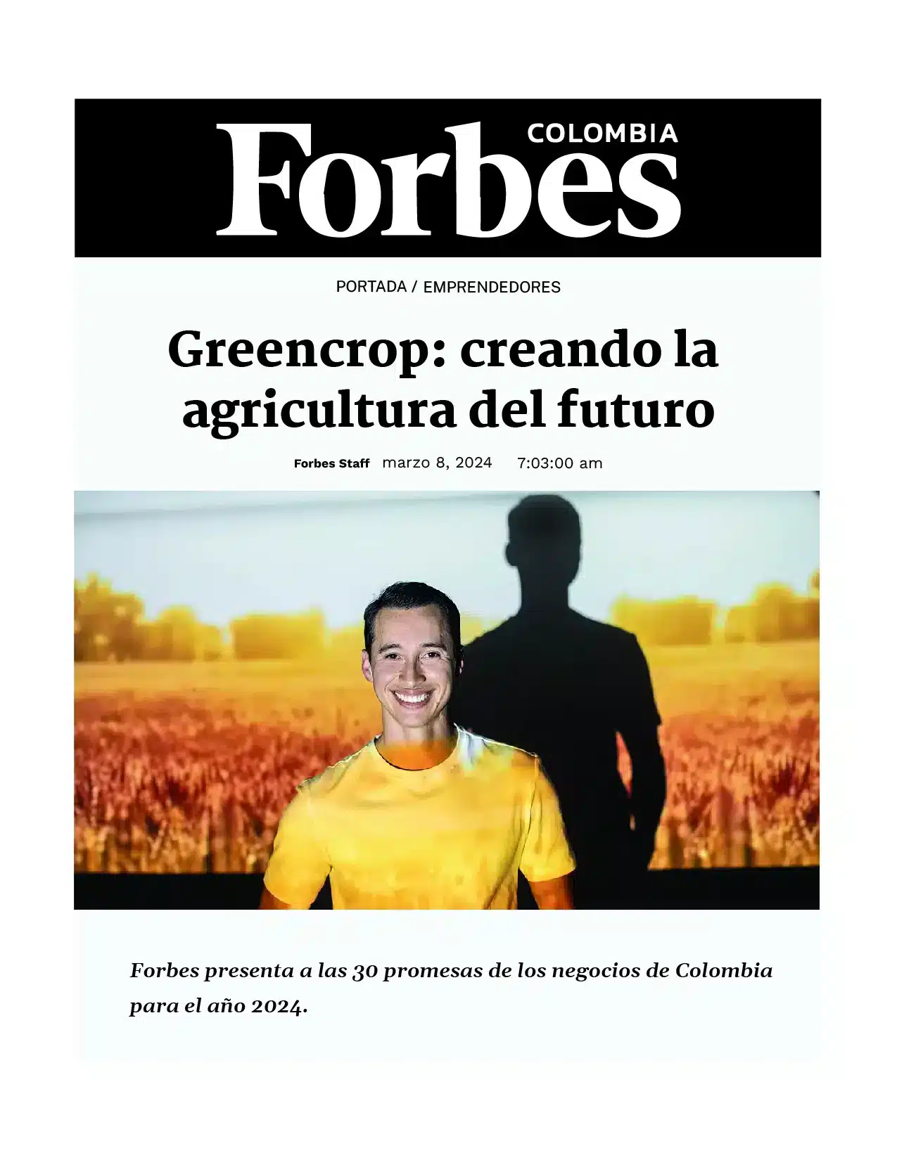 Portada de Forbes destaca a la empresa GreenCrop como una promesa para el 2024