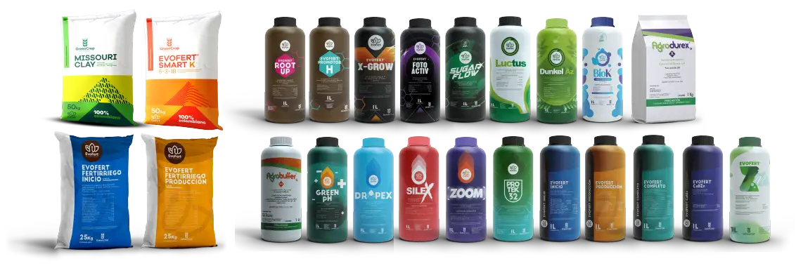 Productos de Greencrop en un banner, mostrando colores vibrantes.