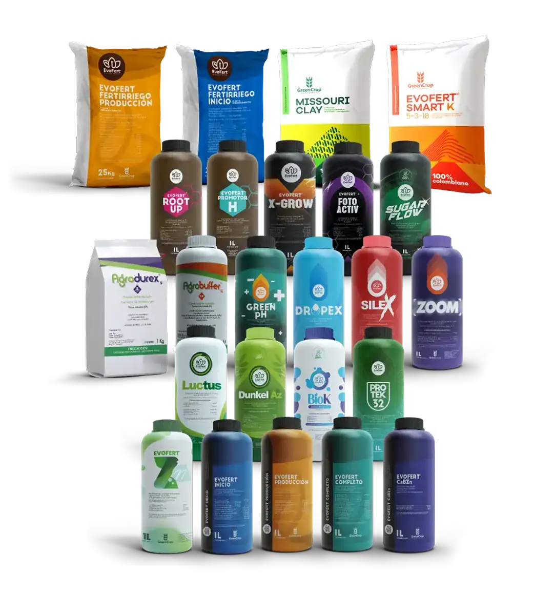 Productos de Greencrop en un banner, mostrando colores vibrantes.