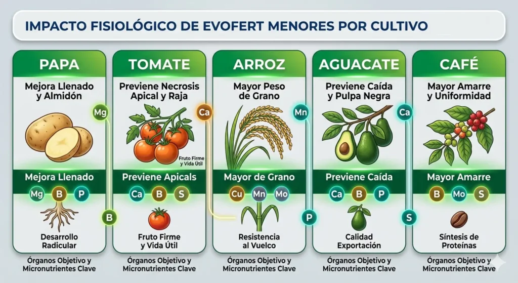 Diagrama descriptivo de la importancia de los microelementos y el impacto fisiológico de Evofert Menores en la productividad agrícola.